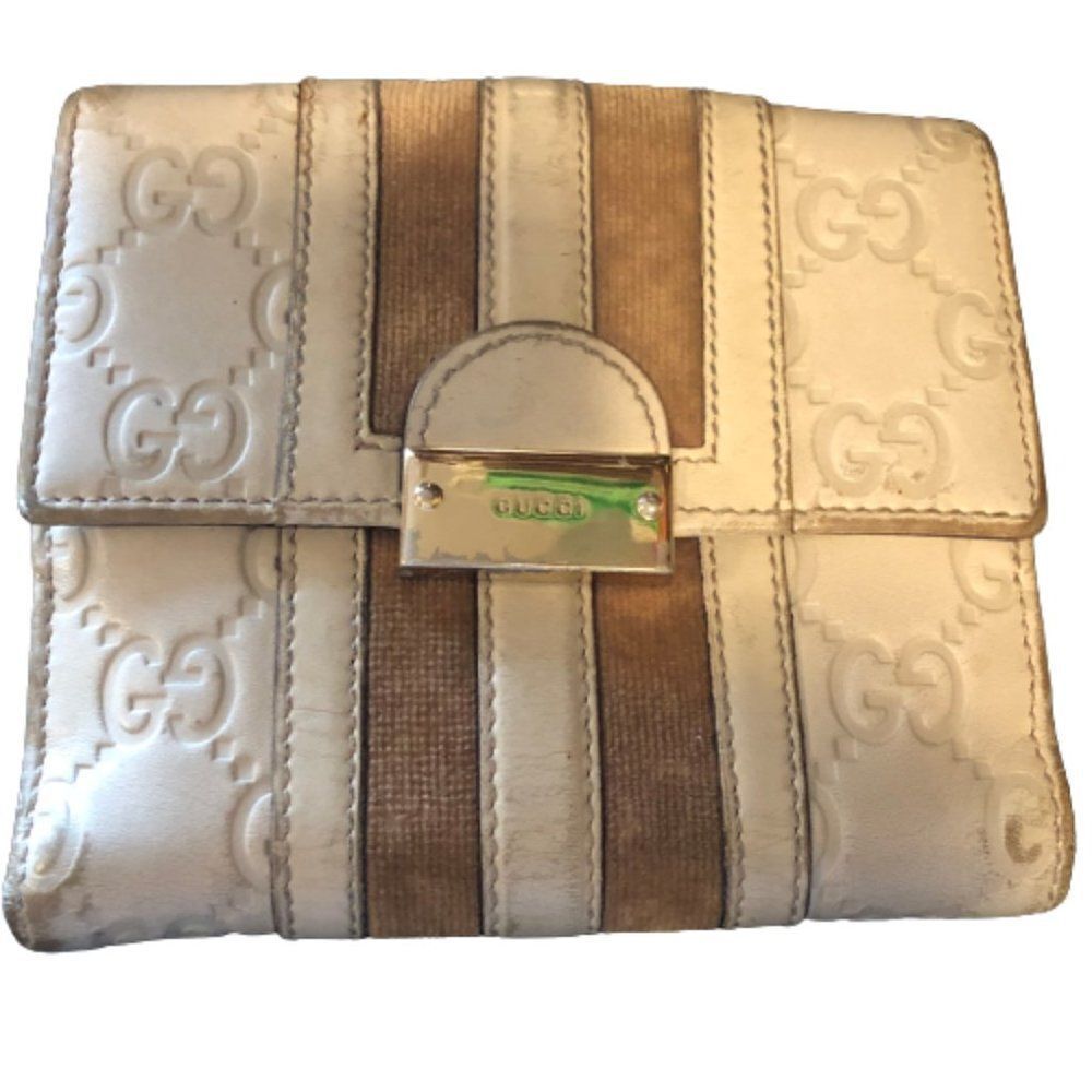 Authentic GUCCI Guccissima Tan & Beige Velvet Strips & Leather Designer Wallet